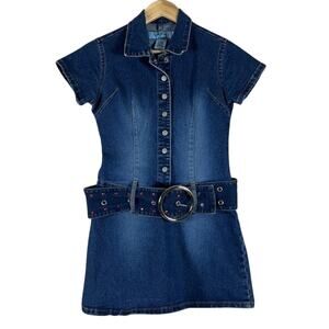 Rare Vintage Beware Jeans Womens S Y2K Mini Denim Shirt Dress Belted Bratzcore